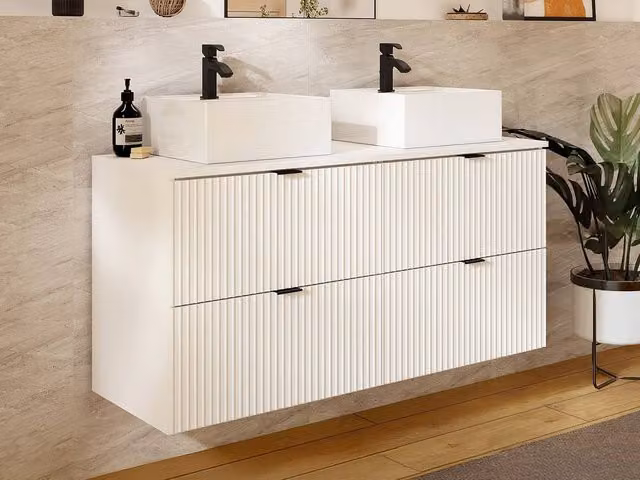 Vente-unique Striped Wall-Hung Bathroom Vanity Unit with Square Ceramic Countertop Basin in White, W/D/H: 60 x 47 x 60 cm – 1