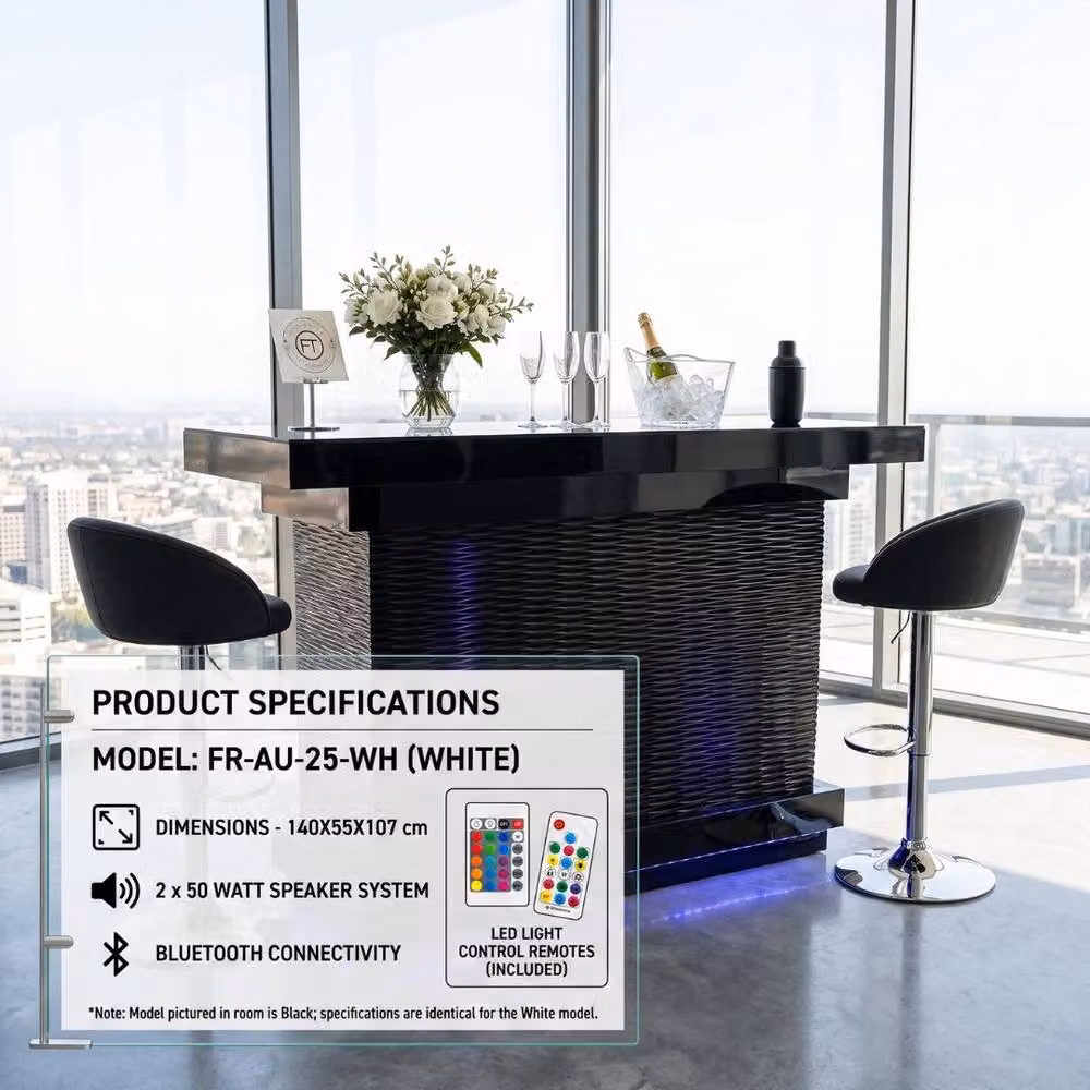 Home Luxe Aura Black Glossy Drinks Bar with LED Lights, Bluetooth Speakers and Glass Details – 6