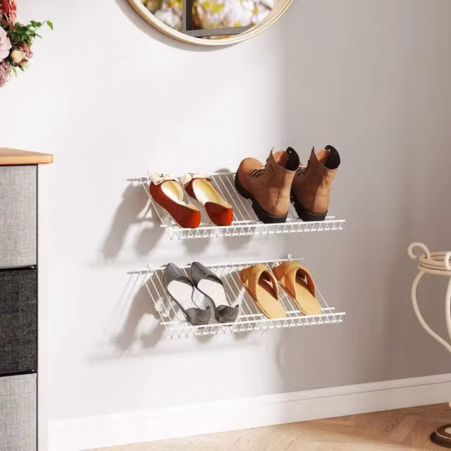NESTLUNE Set of 2 White Metal Wire Wall Mounted Closet Shelves and Shoe Racks, W: 100 cm x D: 60 cm