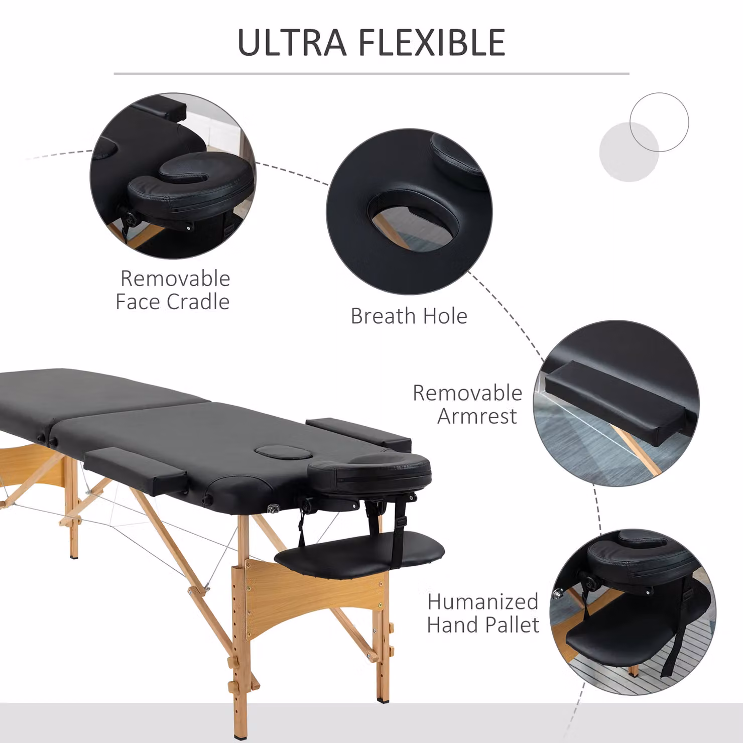 HOMCOM Wooden Folding Spa Beauty Massage Table with 2 Sections and Carry Bag, Black – 5