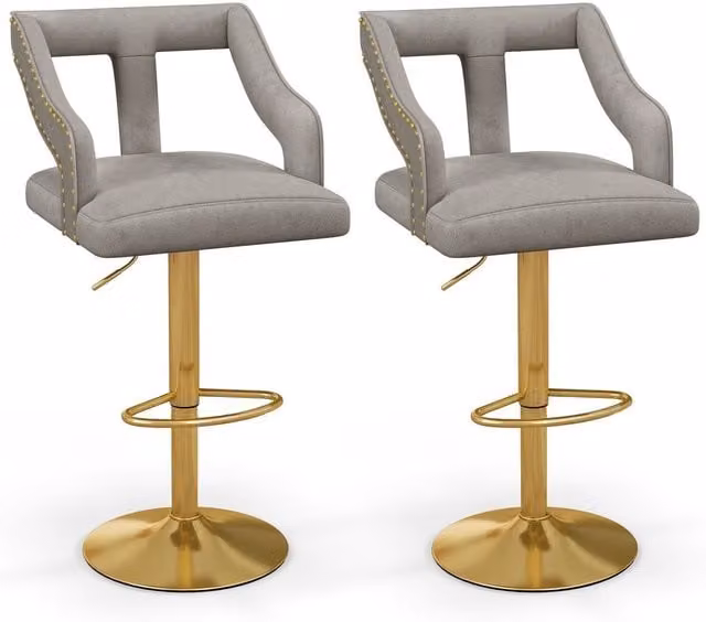Costway Set of 2 Grey Velvet Adjustable Swivel Bar Stools with Metal Legs