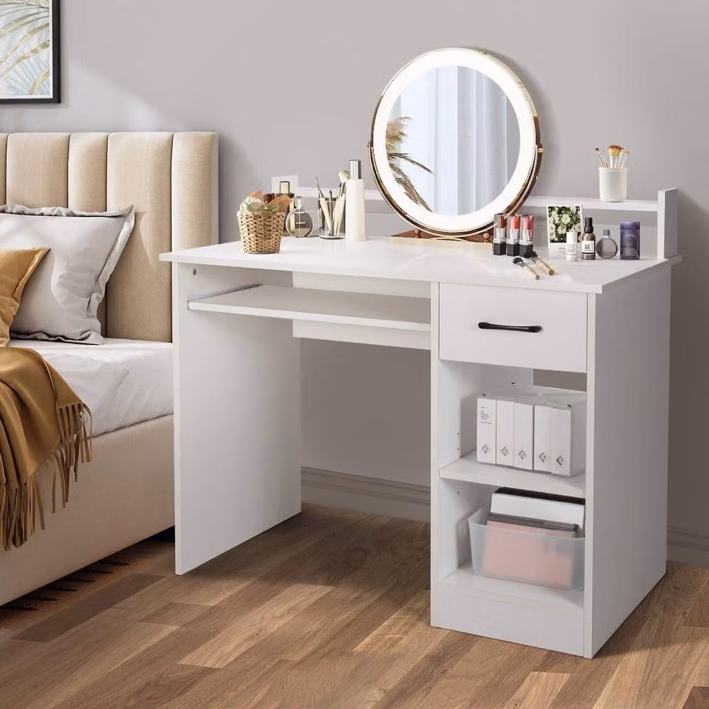Costway White Wooden Computer Desk with Keyboard Tray and Writing Workstation – 3