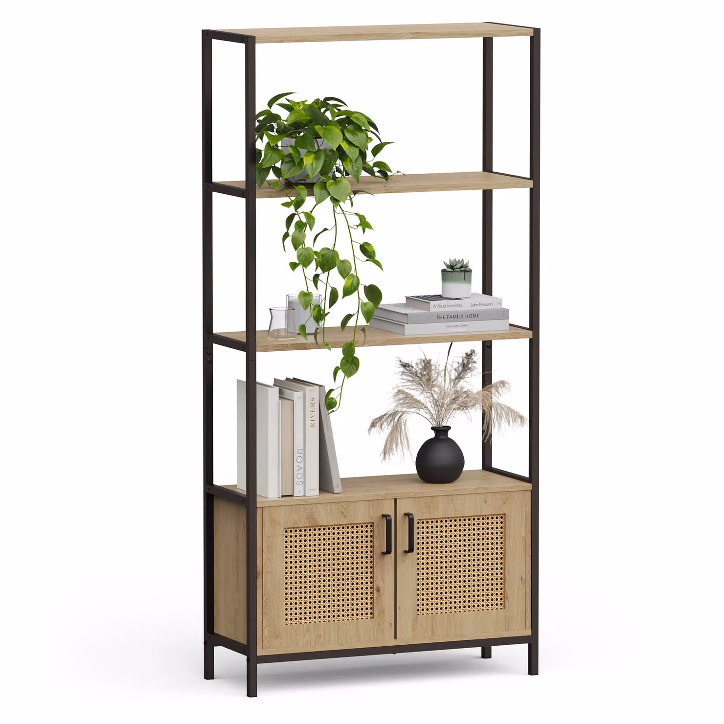 VonHaus Lena Rattan Effect Living Room Storage Bookcase in Brown and Black, H 180 x W 64 x D 35 cm – 2
