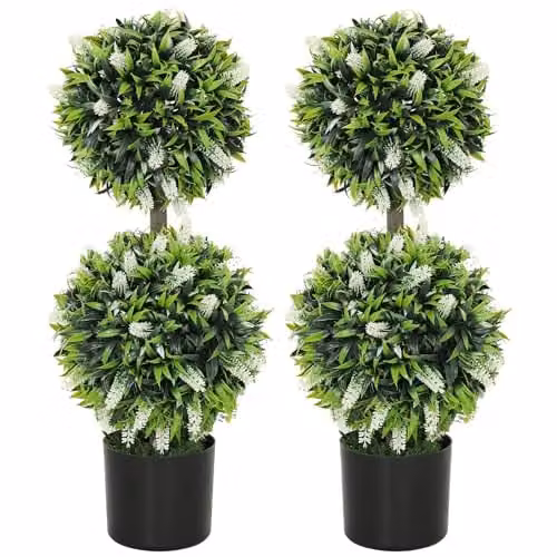HOMCOM Set of 2 Artificial Round Ball Trees with White and Green Floral Accents in Concrete and Plastic Pots, Height: 70 cm – 1