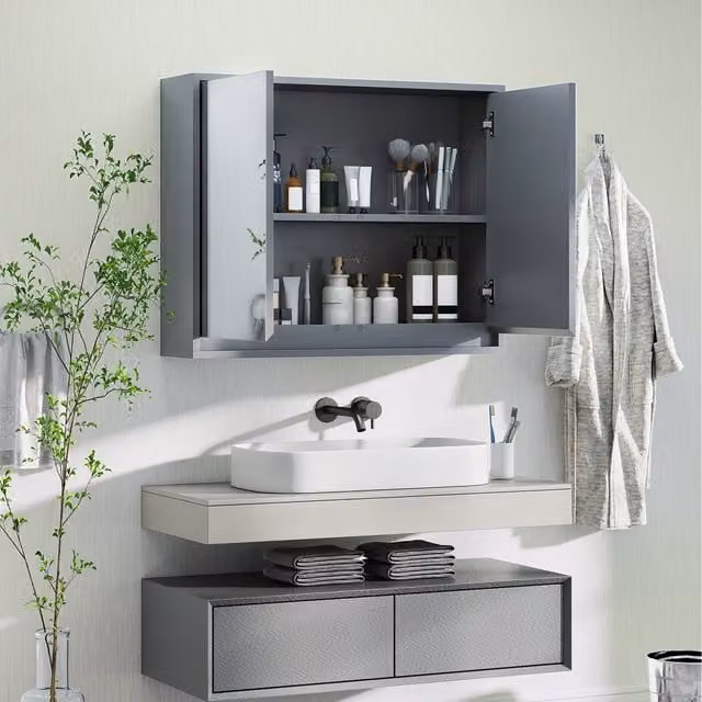 COSTWAY Modern Grey Glossy Wall Mounted Bathroom Cabinet with Double Mirrored Hinged Doors