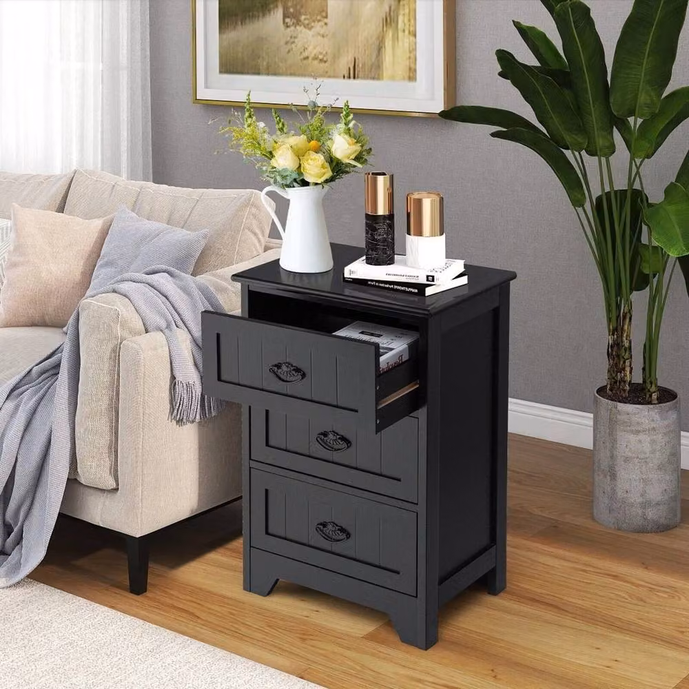 VOGREX Black Vintage Lacquered Wood 3-Drawer Bedside Table – 2
