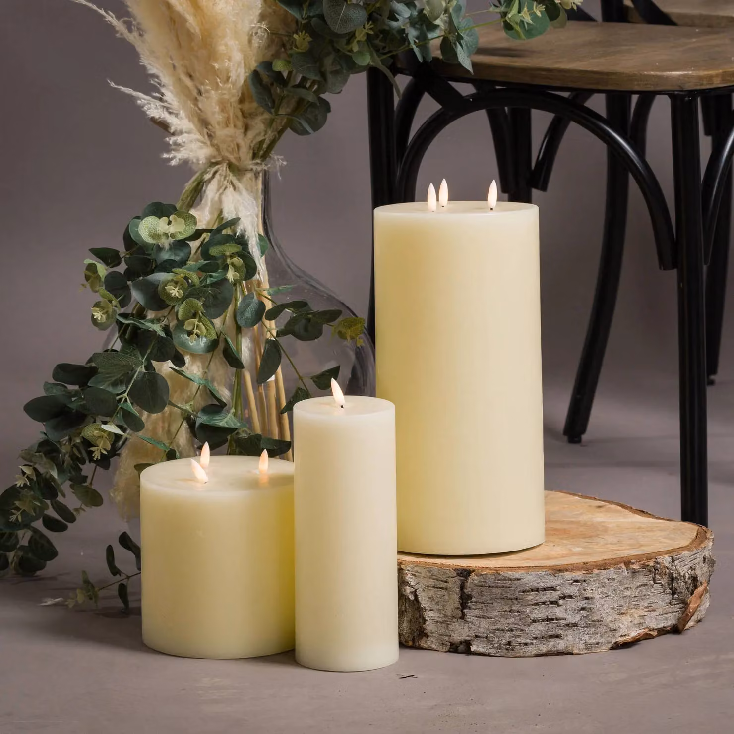 Love Lace Natural Glow Ivory LED Pillar Candle Set with Flicker Effect and Timer – 3