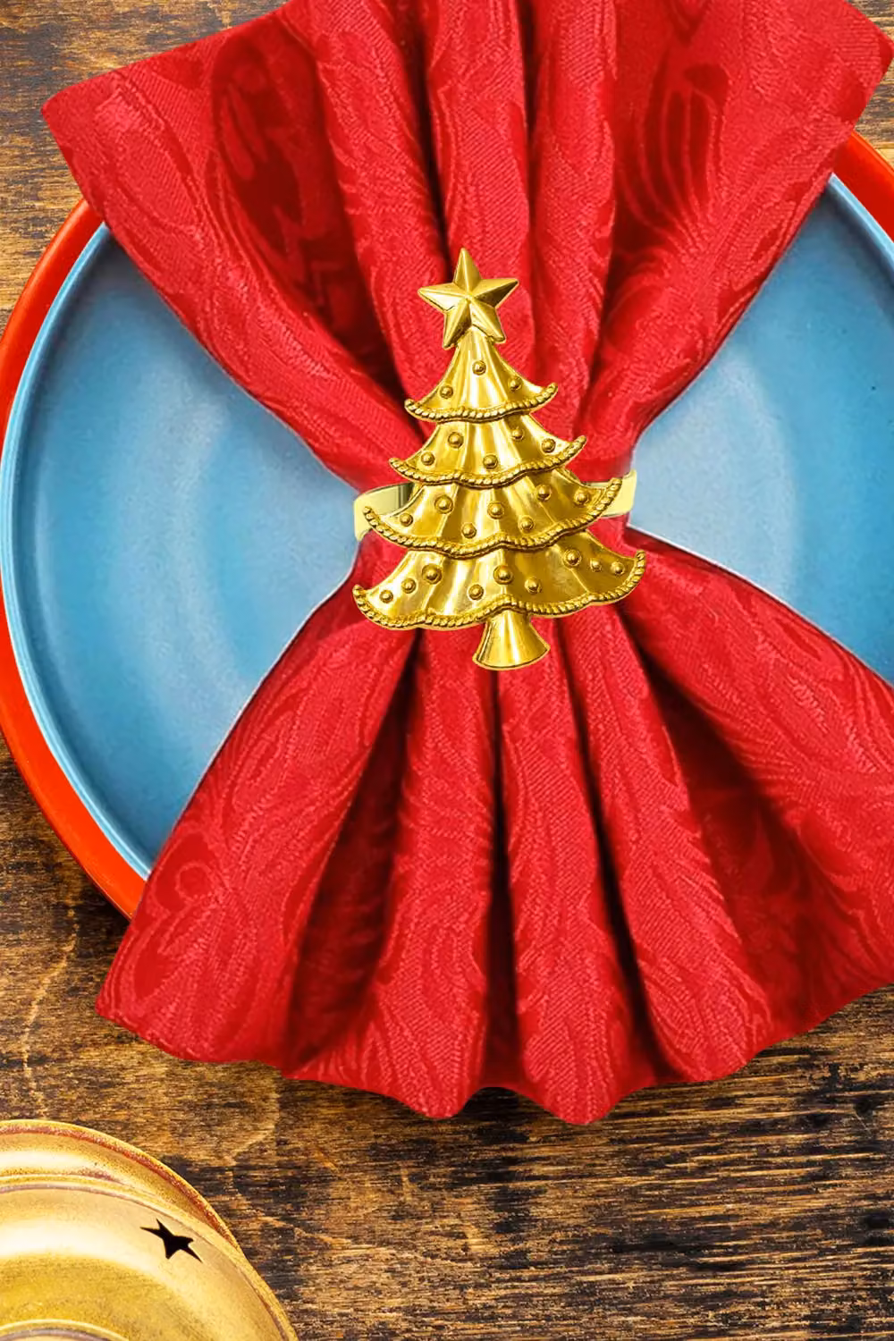 Neel Blue Gold Star-Topped Christmas Tree Napkin Rings, 6-Piece Metal Set – 4