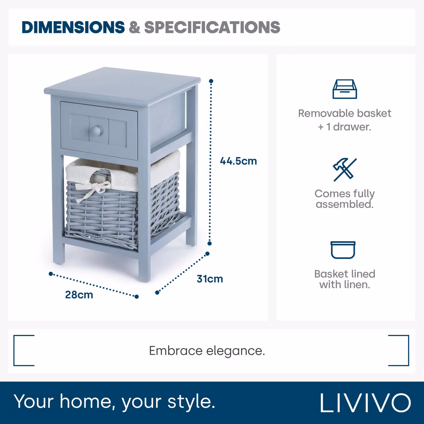 LIVIVO Shabby Chic Wooden Bedside Cabinet in Grey with Rattan Wicker Basket – 3