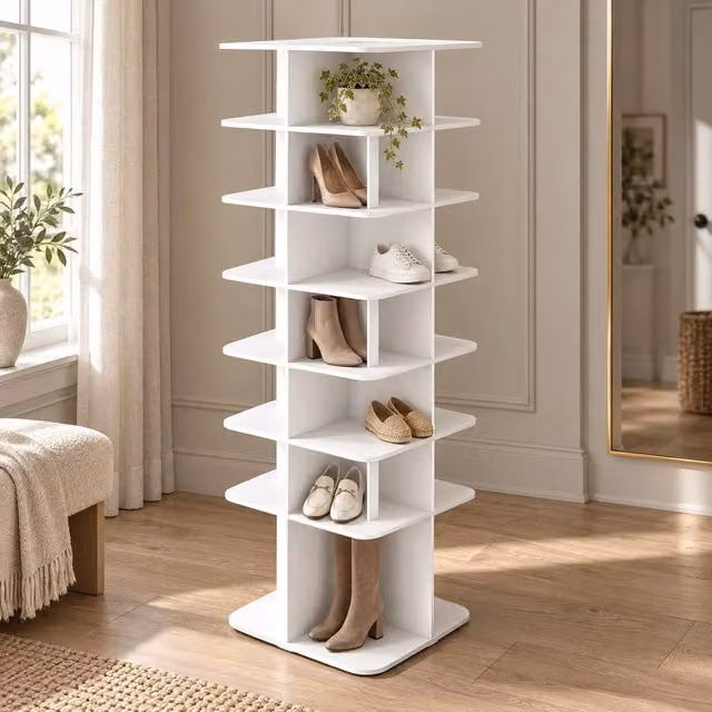 AKI HAUS 7-Tier White Rotating Square Shoe Rack with Tall Lower Section