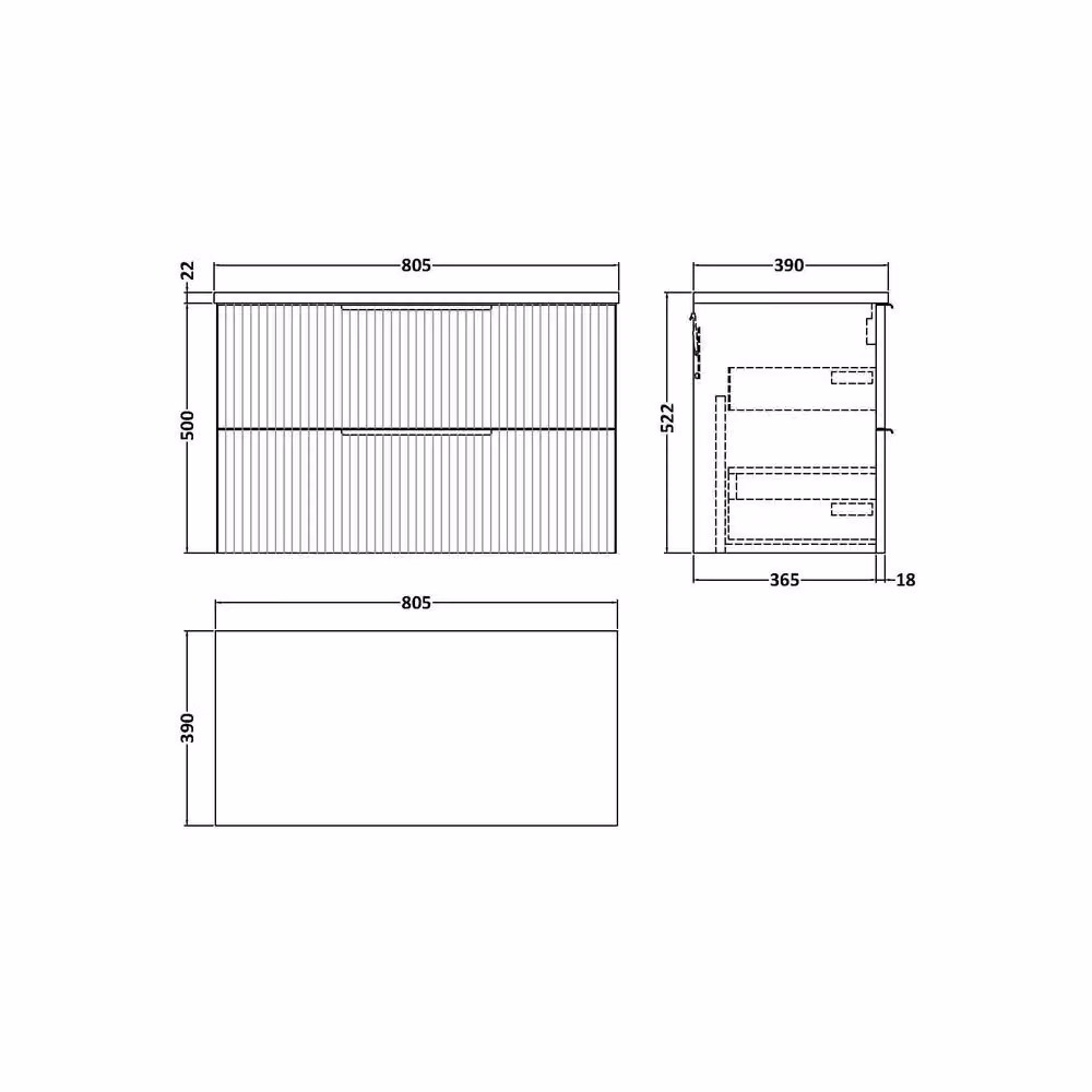 Balterley Tixall Fluted 2 Drawer Wall Hung Vanity Unit, Satin Blue, W: 80 cm, D: 50 cm – 2