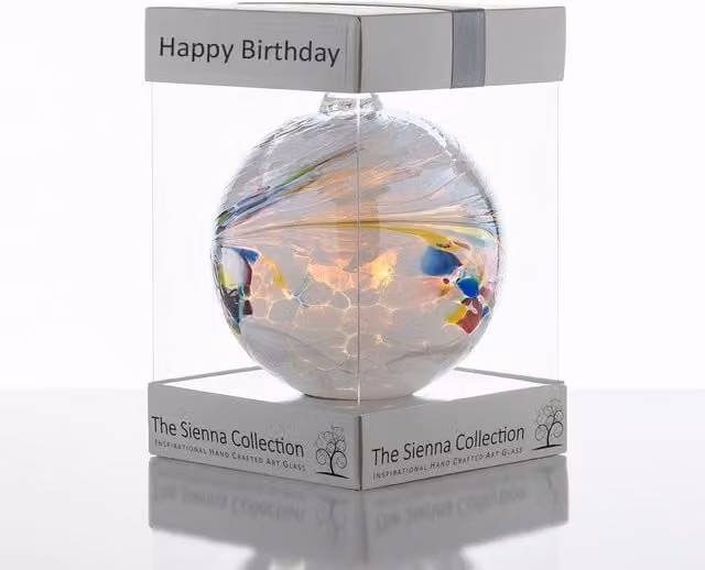 Sienna Glass White Happy Birthday Friendship Ball Bauble, Diameter: 10 cm