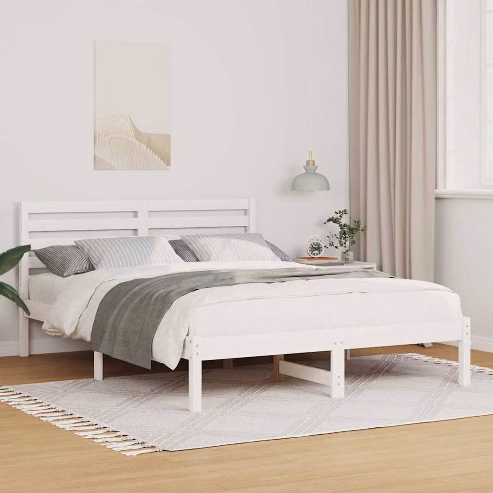 Berkfield Home White Solid Pine Wood Bed with Headboard W/D/H: 135 x 190 cm – 2