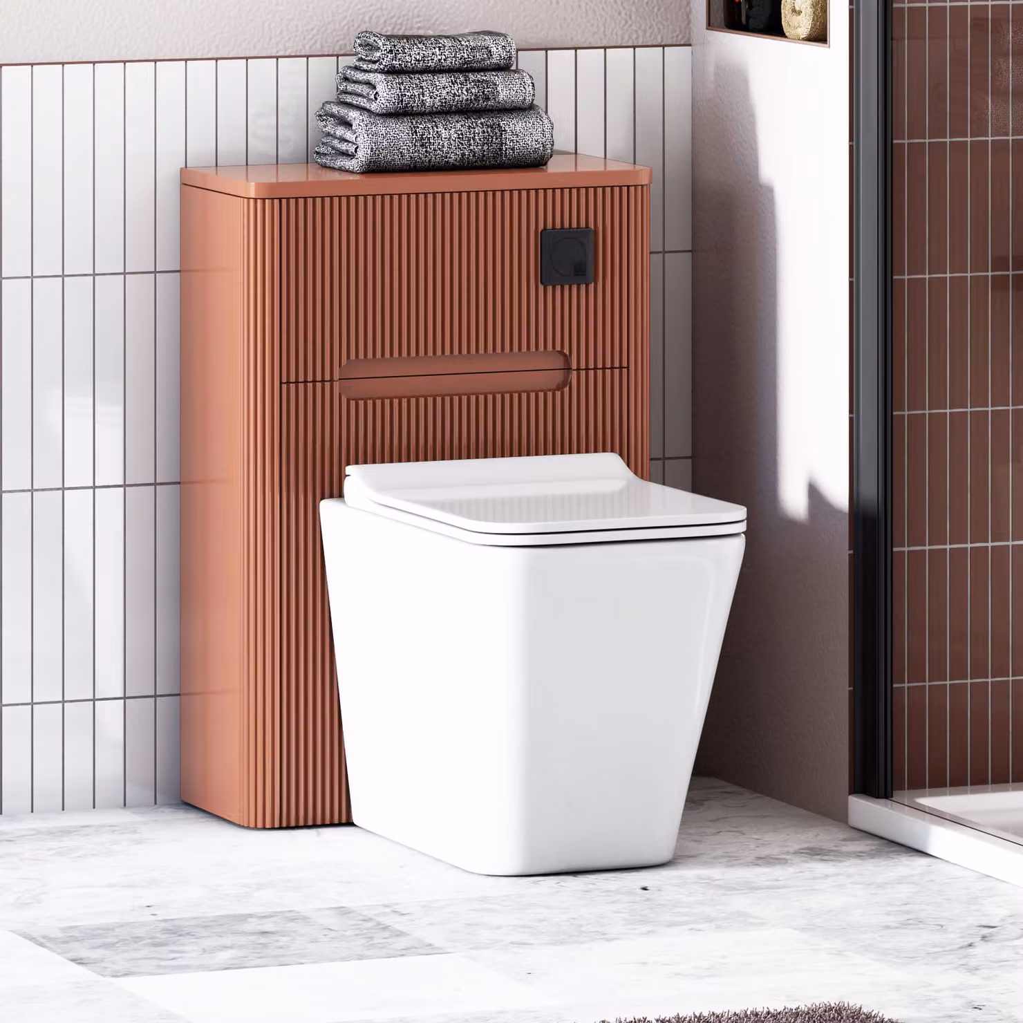 Avenza Terracotta Clay Ceramic Wall Mounted WC Unit with Elena Rimless Toilet Pan, Slim Soft Close Seat and Cistern, Width: 55 cm