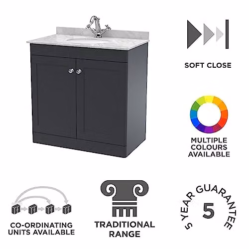 nuie Floor Standing 2 Door Bathroom Vanity Unit with Marble Worktop and Round Basin in Satin Anthracite, Grey and Soft Black, W: 80 cm, D: 48.5 cm, H: 82 cm – 2