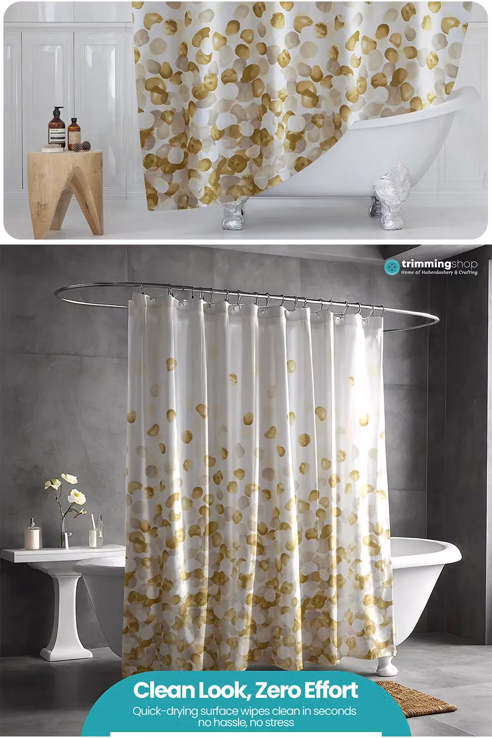 Neel Blue Golden Petals Polyester Shower Curtain in Blue, Gold and White, Water-Resistant and Mould-Resistant, W/D/H: 180 x 180 x 0 cm – 3