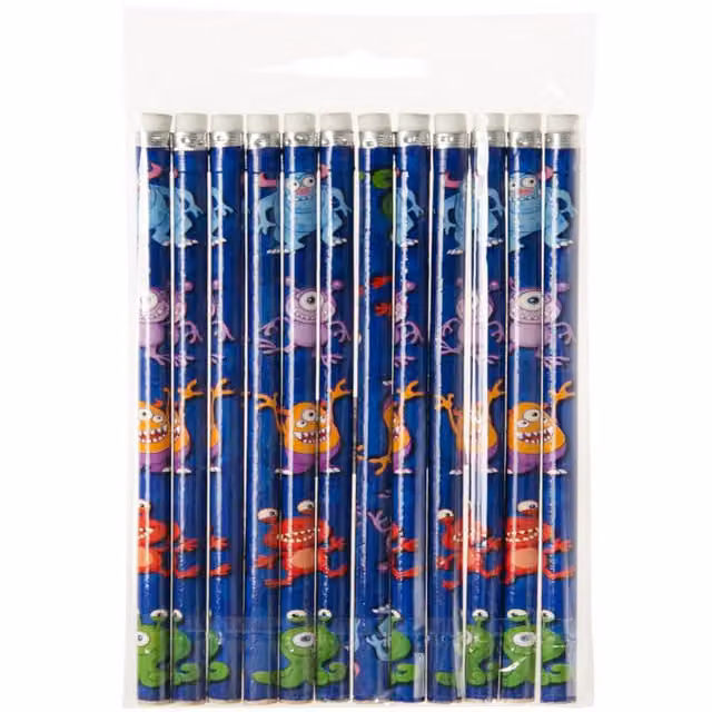 Monster Design Pack of 12 Multicolour Graphite School Pencils with Eraser and White Wood Finish