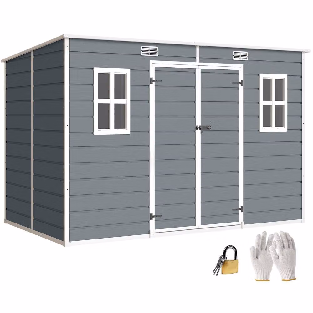 Outsunny Grey Plastic Garden Shed with Floor, Window and Lockable Doors, W: 300 cm, D: 184 cm, H: 182.88 cm – 2