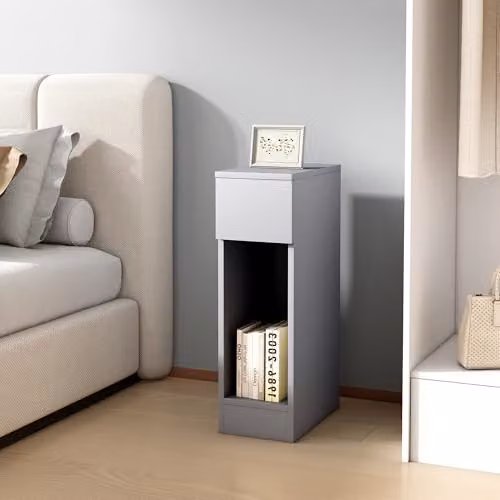 MCC Direct Ava Slim Solid Wooden Bedside Table with Open Shelf and Drawer, Grey – 2