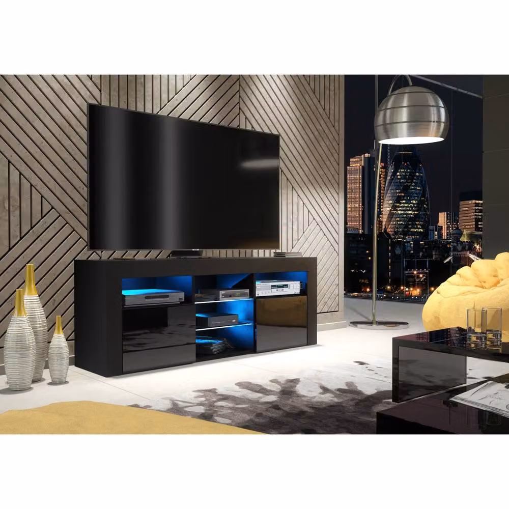 Creative Furniture Pulse TV Unit in Black with Glossy Doors and LED Lights, W: 145 cm, H: 53 cm, D: 35 cm – 2
