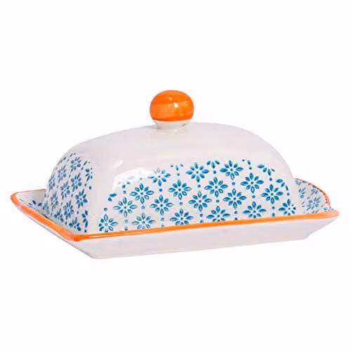 Nicola Spring Hand Printed Blue Floral Stoneware Butter Dish with Lid W: 18.5 cm, D: 12 cm – 1