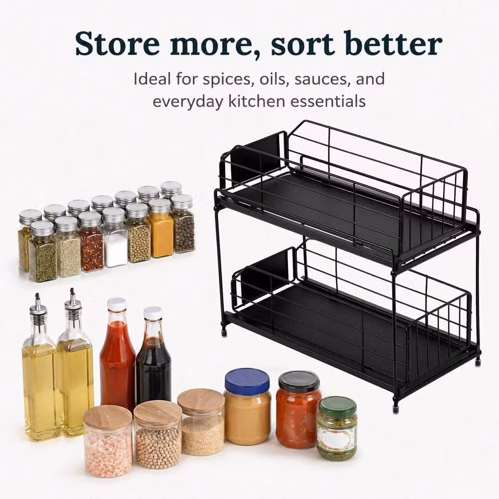 EONLION 2 Tier Metal Kitchen Spice Rack and Countertop Seasoning Organiser, Black, Width: 100 cm – 3