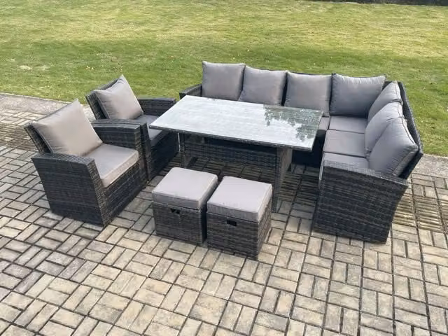 Fimous 10 Seater Garden Rattan Furniture Set with Corner Sofa, Dining Table, Chairs and 2 Footstools in Dark Grey
