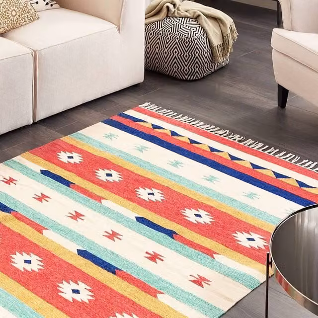 Wyld and Coco Multicolour Cotton Kilim Rug with Fringes, W: 140 cm, L: 200 cm