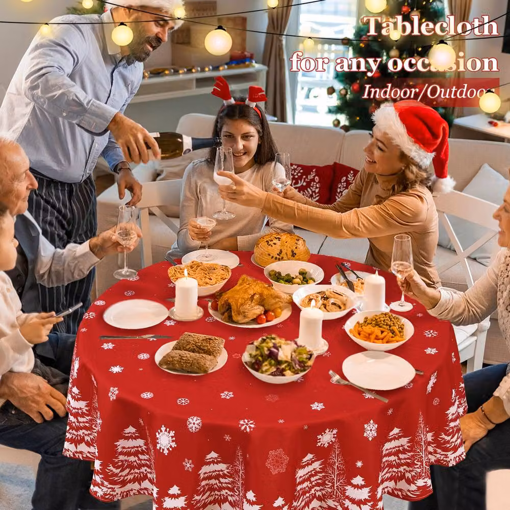 London Boutique Red and White Christmas Snow Design Round Waterproof Wipeable Tablecloth, Diameter: 152.4 cm – 2