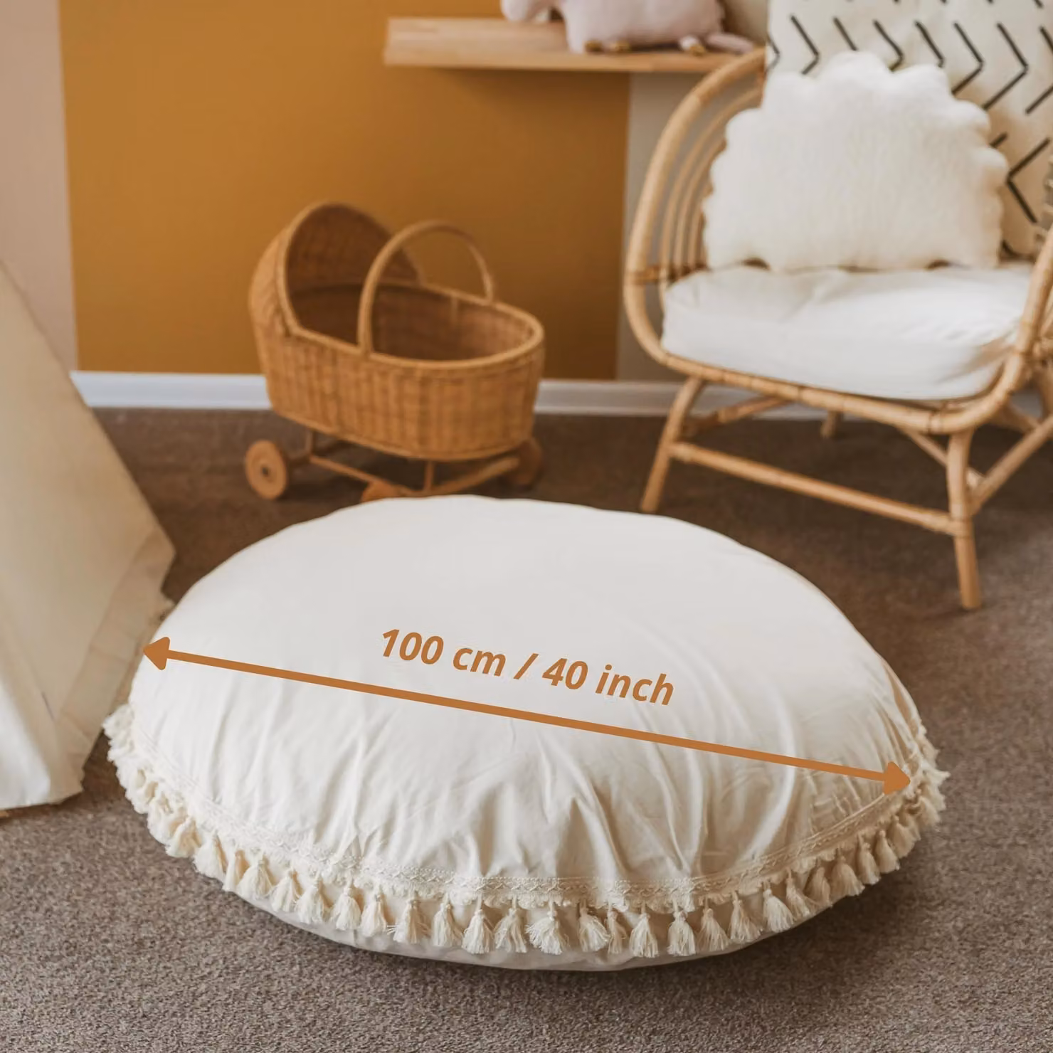MiniCamp Boho Round Tassel Floor Cushion in Beige Cotton with Washable Removable Cover – 2
