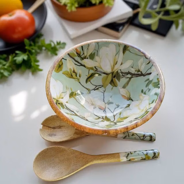 Hartsmede Snowbell Handmade Mango Wood Serving Bowl with Spoons, Green Floral Enamel Interior, 3L – 1