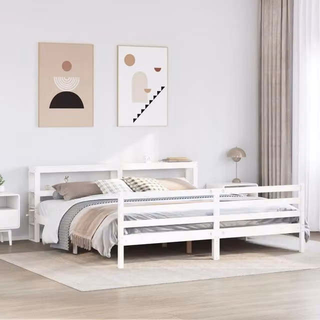 Berkfield Home White Rustic Solid Wood Pine Bed Frame with Side Compartments 200 x 200 cm – 1