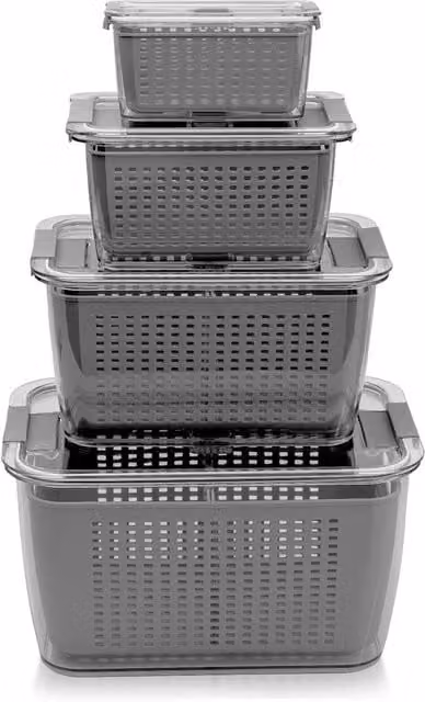 Nordara Grey Transparent 4-Piece Multipurpose Stackable Fridge Organiser Storage Box Set, W: 100 cm, D: 15 cm, H: 15 cm