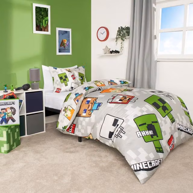 OHS Minecraft Reversible Childrens Duvet Cover Set, Grey and Multicolour, W: 140 cm, L: 200 cm
