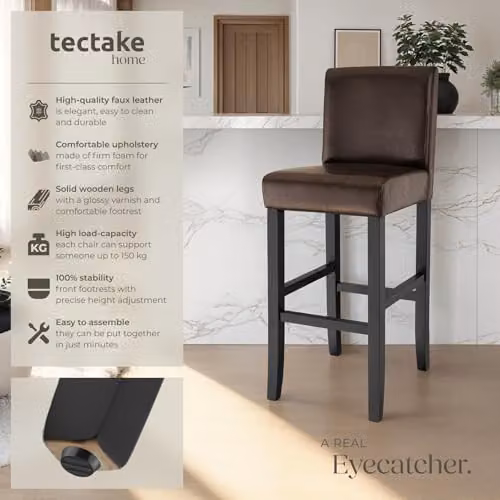 tectake Set of 2 Dover Bar Stools in Brown with Synthetic Leather and Glossy Wood Legs – 4