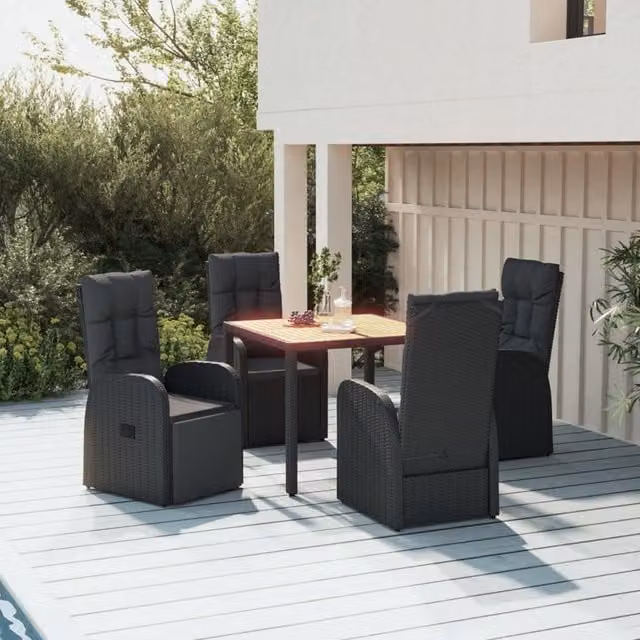Berkfield Home 5 Piece Garden Dining Set in Black Poly Rattan and Solid Acacia Wood