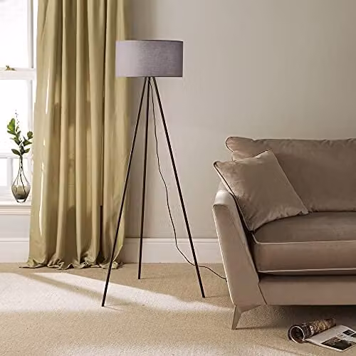 K LIVING Modern Black Metal Floor Lamp with Grey Fabric Cylinder Shade, Height: 150 cm