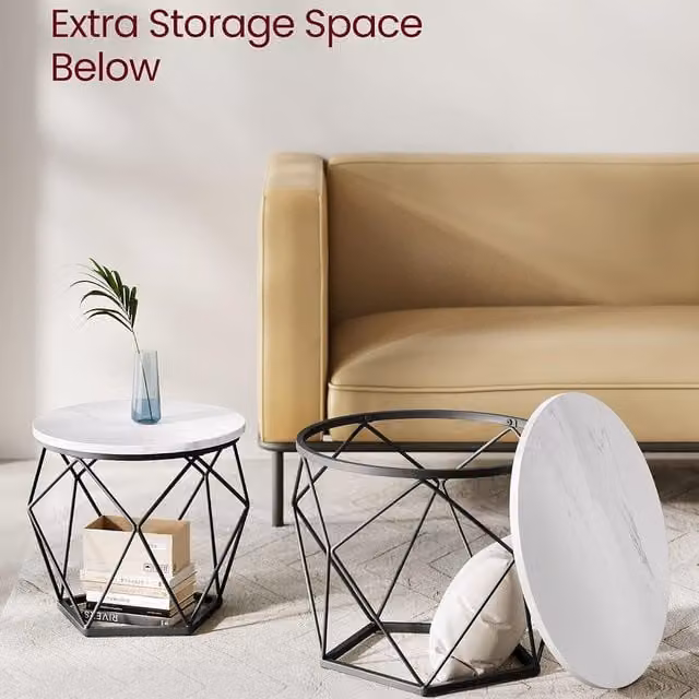 VASAGLE Set of 2 Round Nesting Coffee and Side Tables in White and Black
