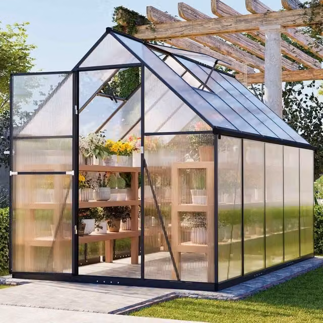 BIRCHTREE Polycarbonate Walk-In Greenhouse with Aluminium Frame in Dark Grey