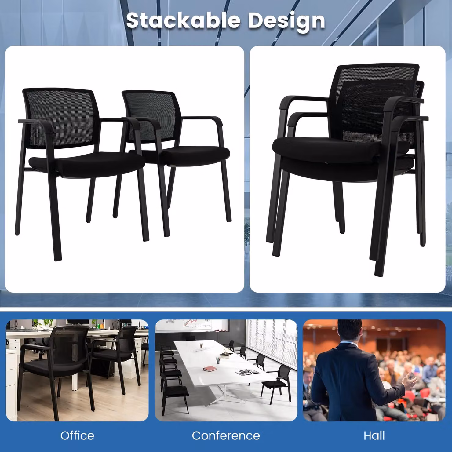 Gymax Set of 4 Stackable Black Mesh Office Chairs with Armrests – 3