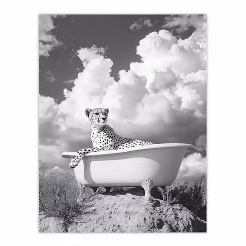 Artery8 Cheetah in Bathtub Black and White Desert Surreal Wall Art Poster Print on Thick Paper, 45.7 x 61 cm – 1