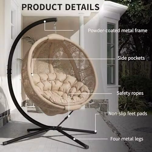 Outsunny Egg Hanging Swing Chair with Metal Stand and Cushions in Sand and Brown – 6