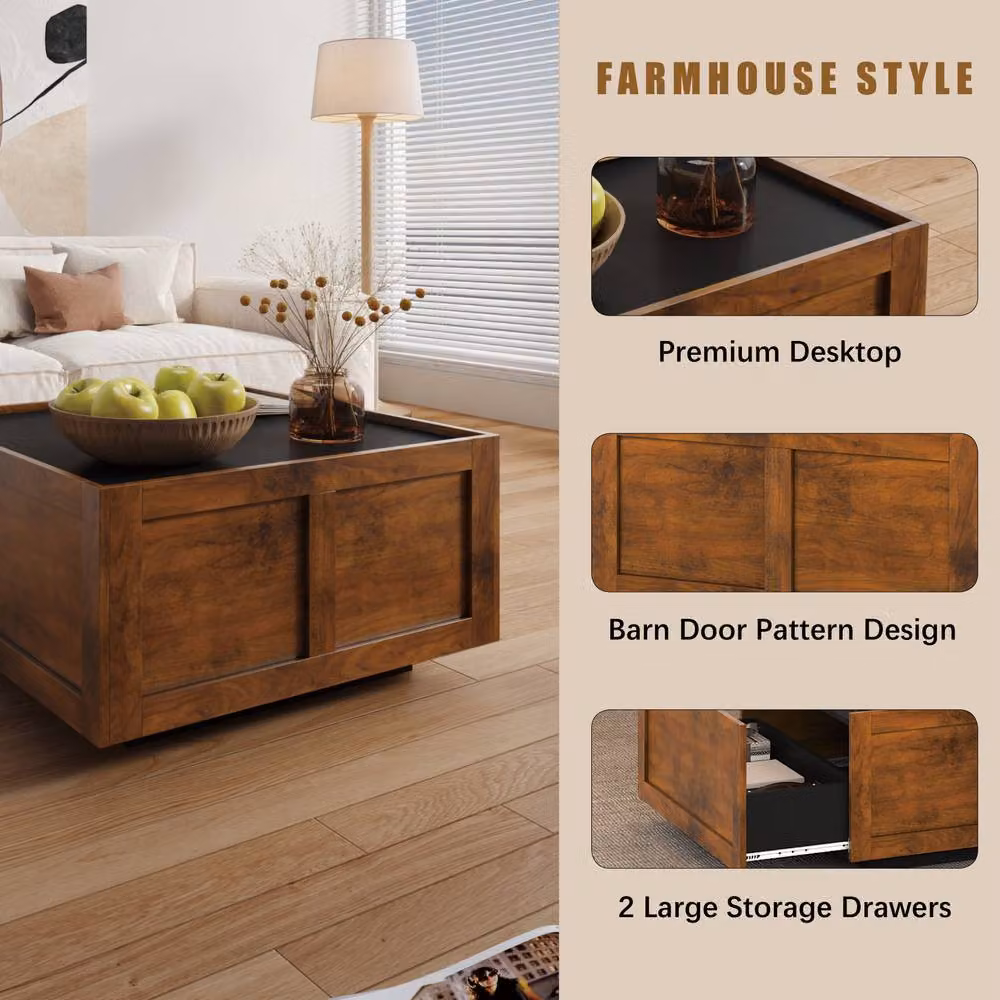 KEEPREAPER Mid-Century Brown Square Farmhouse Coffee Table with 2 Storage Drawers – 5