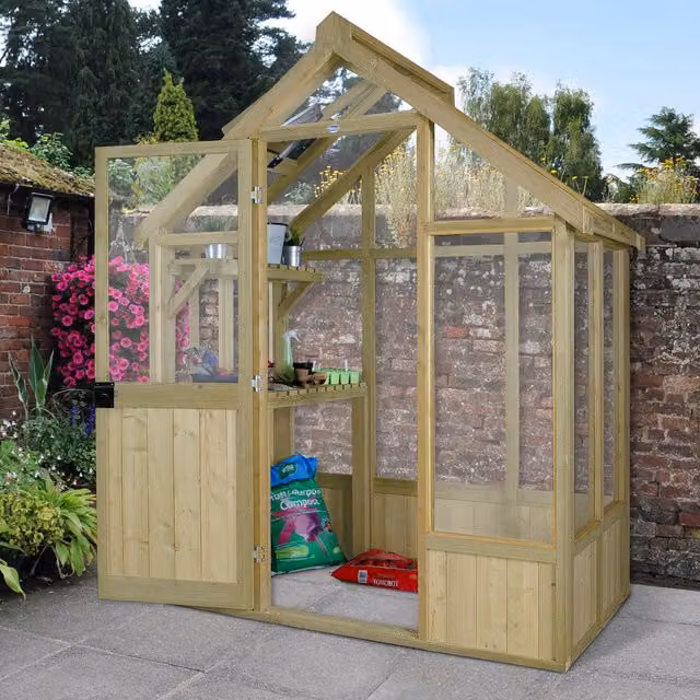 Vale Forest Brown Wooden Greenhouse with Tempered Glass Windows and Shelving