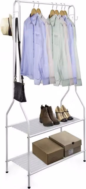 House of Home White Steel Clothes Rail with Two Shelves and Hanging Hooks, Height: 150 cm