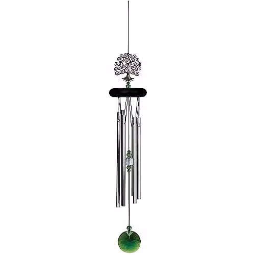 Woodstock Chimes Tree of Life Wind Chime in Silver and Black with Bird and Leaf Details
