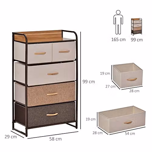 HOMCOM 5 Drawer Fabric Chest of Drawers with Steel Frame in Brown and Multicolour – 2