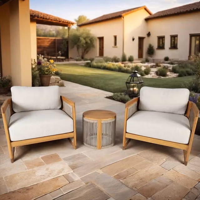 Mimo Solid Wood Outdoor Bistro Set in Sand with Two Armchairs and Side Table