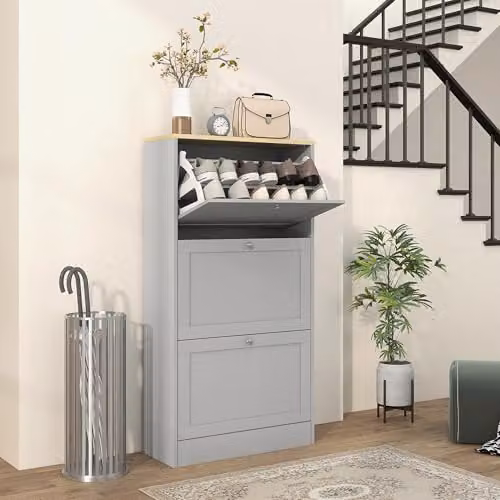 HOMCOM Modern Grey Wall Mounted Shoe Cabinet with Tilting Compartments, W/D/H: 60 x 23.5 x 115 cm – 2
