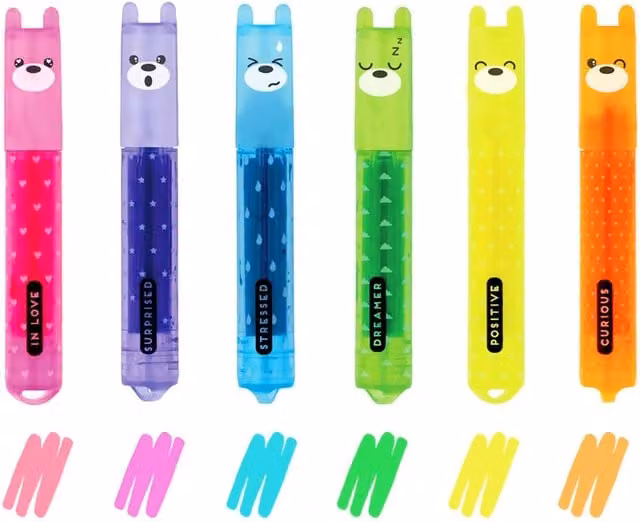 Legami Teddy's Mood Mini Chisel Tip Highlighters, Pack of 6, Multicolour and Yellow